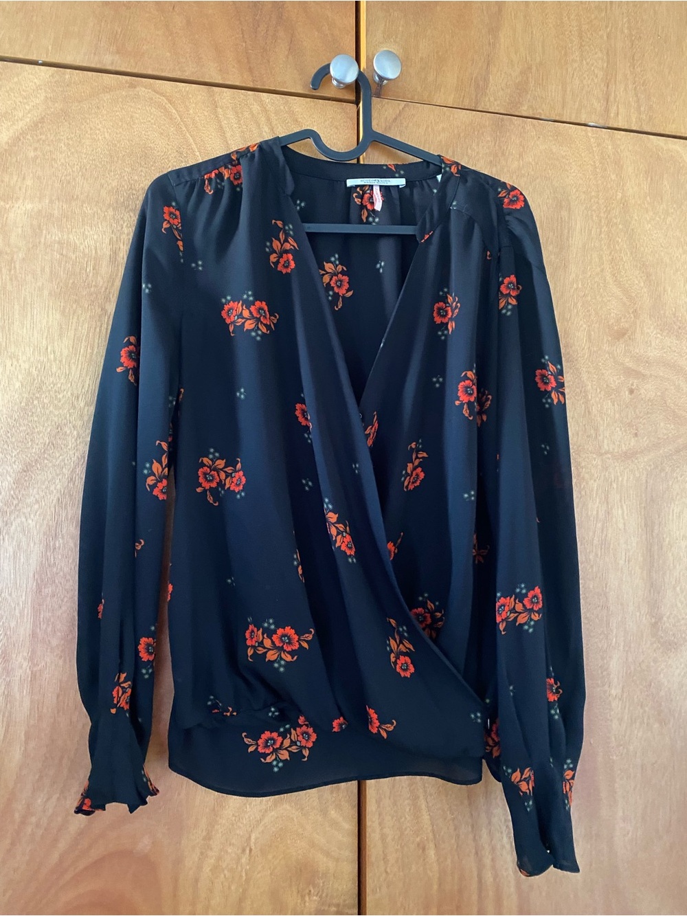Scotch & Soda Black Wrap Blouse with Red Floral Print